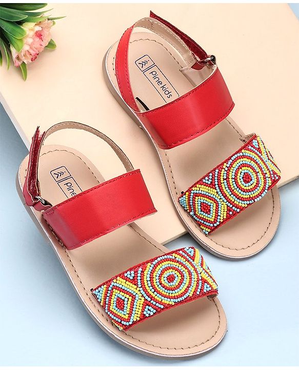 Pine Kids Open Toe Sandals With Rondelle Beads Patch - Red