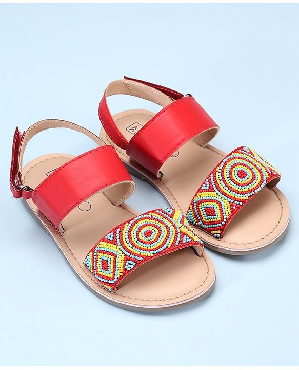 Pine Kids Open Toe Sandals With Rondelle Beads Patch - Red