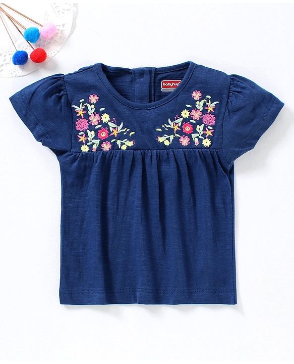 Babyhug Half Sleeves Tee Floral Embroidered - Blue