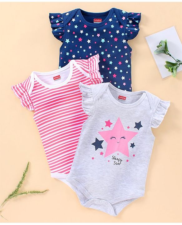 Babyhug Short Sleeves 100% Cotton Onesie Star Print Pack of 3 - Blue Pink