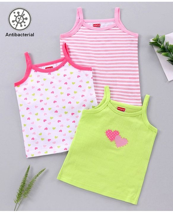 Babyhug Singlet Sleeves 100% Cotton Antibacterial Finish Slips Sea Pack of 3 - Pink Green