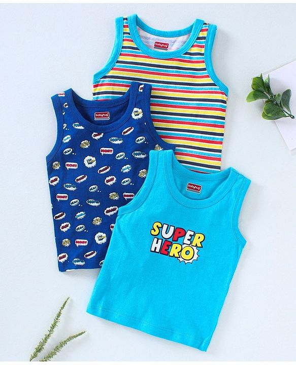 Babyhug 100% Cotton Sleeveless Antibacterial Finish Printed Vests Pack of 3 - Blue