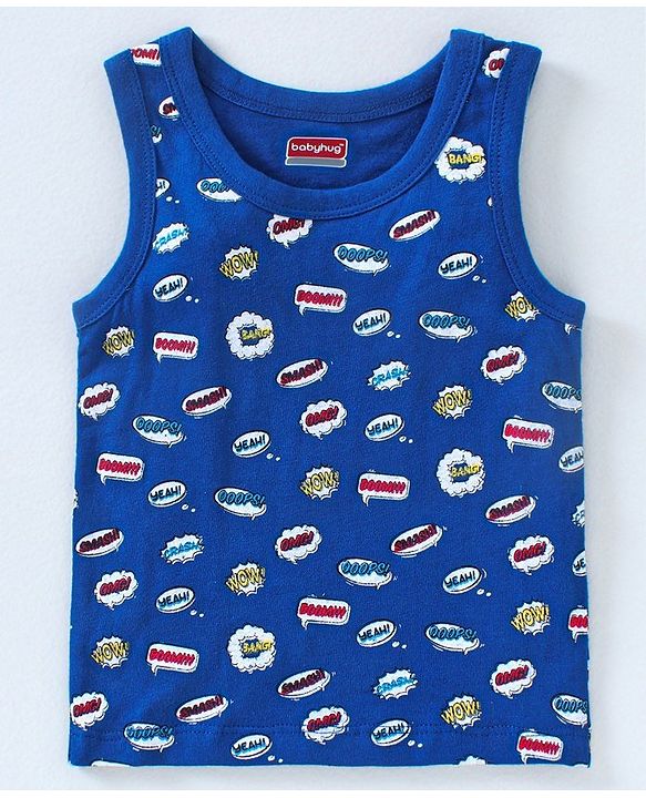 Babyhug 100% Cotton Sleeveless Antibacterial Finish Printed Vests Pack of 3 - Blue