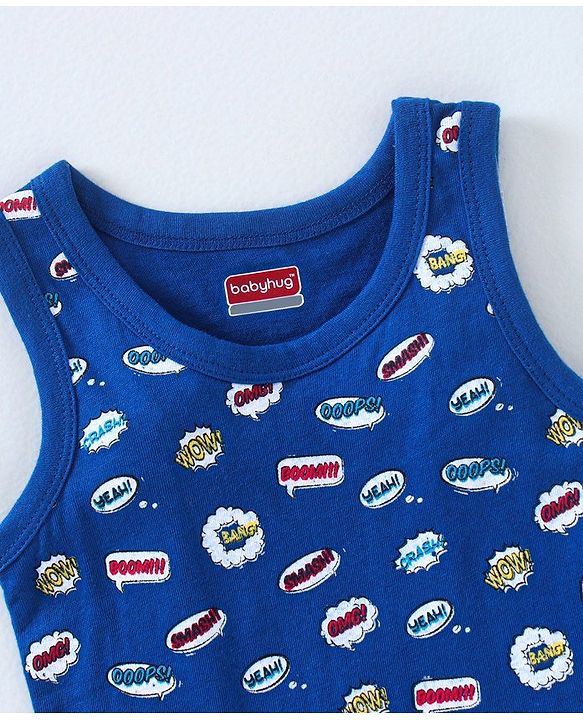 Babyhug 100% Cotton Sleeveless Antibacterial Finish Printed Vests Pack of 3 - Blue