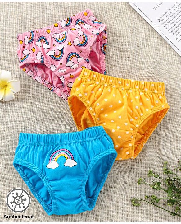 Babyhug 100%Cotton Anti Bacterial Finish Panties Rainbow & Heart Print Pack of 3 - Pink Yellow Blue