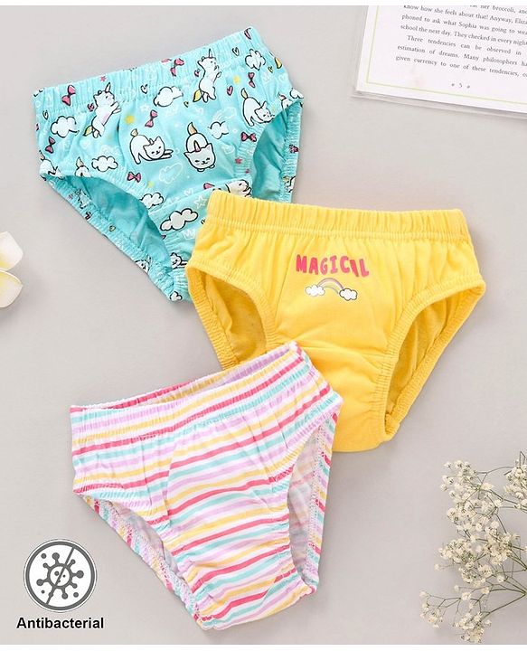 Babyhug 100%Cotton Antibacterial Panties Pack of 3 - Blue Yellow Multicolour