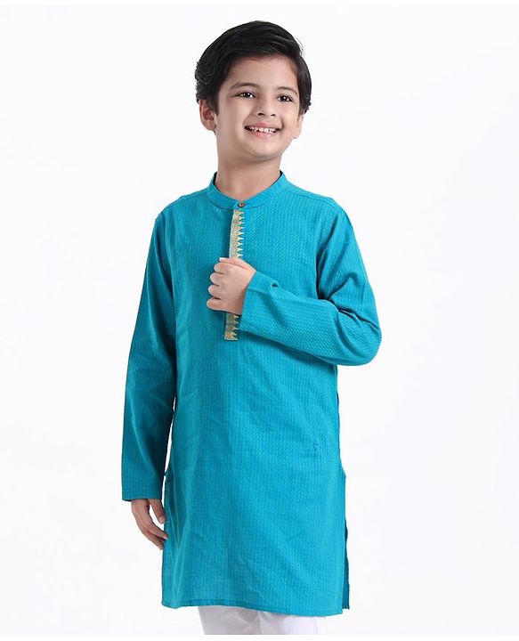Pine Kids Full Sleeves Kurta With Embroidered Placket - Blue