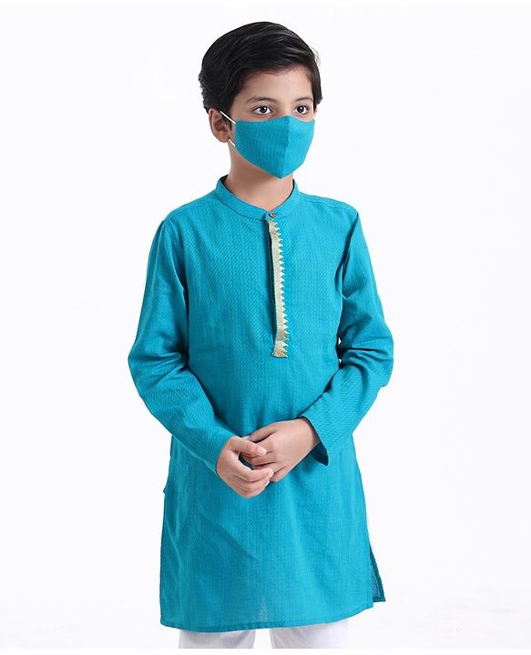 Pine Kids Full Sleeves Kurta With Embroidered Placket - Blue