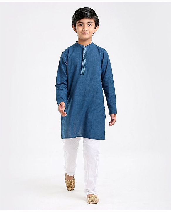 Pine Kids Full Sleeves Kurta With Embroidered Placket - Blue