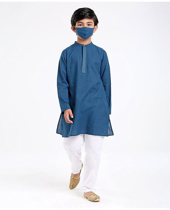 Pine Kids Full Sleeves Kurta With Embroidered Placket - Blue