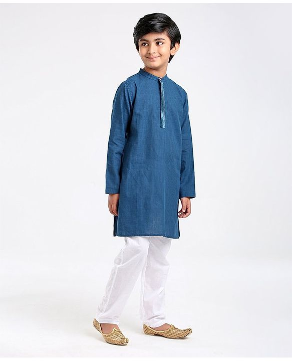 Pine Kids Full Sleeves Kurta With Embroidered Placket - Blue