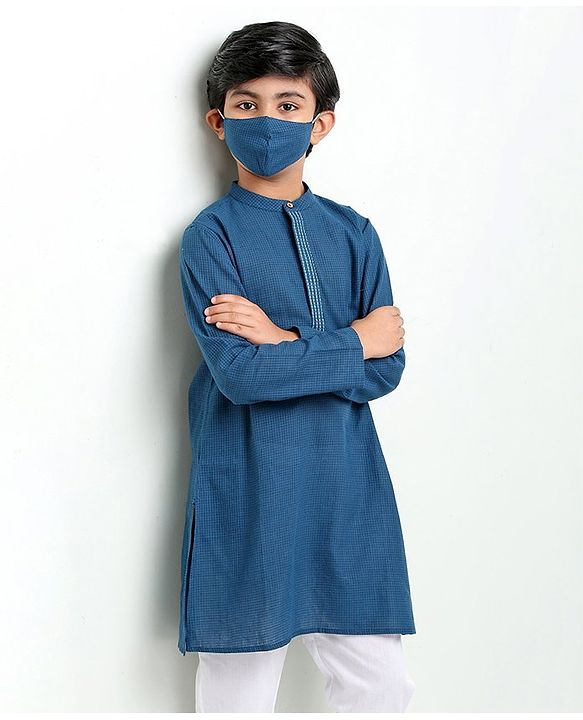 Pine Kids Full Sleeves Kurta With Embroidered Placket - Blue