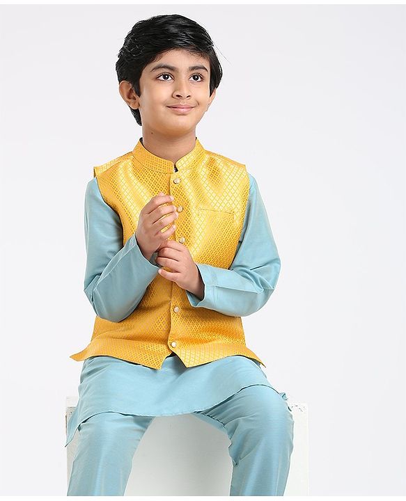 Pine Kids Full Sleeves Kurta Pajama & Waistcoat - Blue Yellow