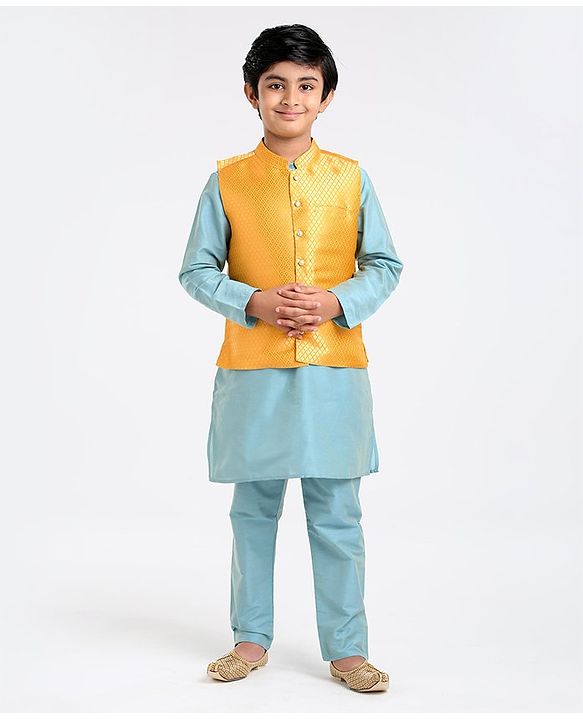 Pine Kids Full Sleeves Kurta Pajama & Waistcoat - Blue Yellow