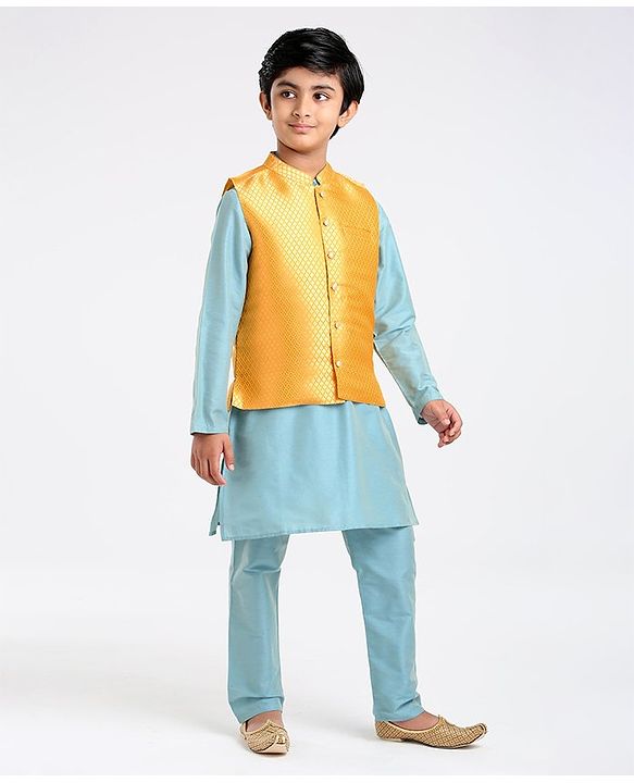 Pine Kids Full Sleeves Kurta Pajama & Waistcoat - Blue Yellow