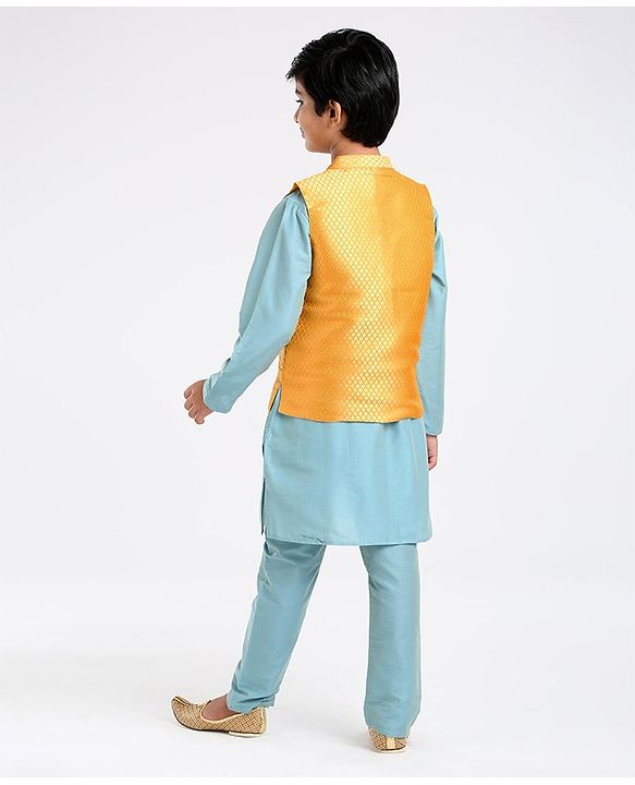 Pine Kids Full Sleeves Kurta Pajama & Waistcoat - Blue Yellow