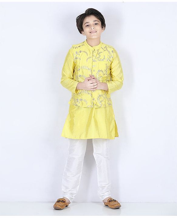 Pine Kids Full Sleeves Solid Kurta With Embroidered Nehru Jacket & Pyjama - Yellow