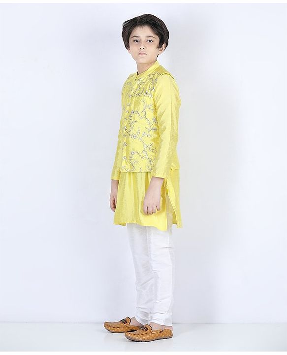 Pine Kids Full Sleeves Solid Kurta With Embroidered Nehru Jacket & Pyjama - Yellow