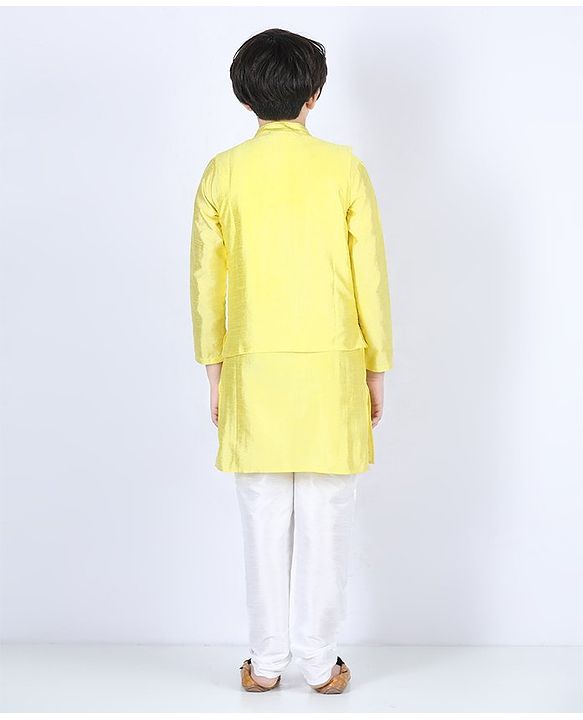 Pine Kids Full Sleeves Solid Kurta With Embroidered Nehru Jacket & Pyjama - Yellow