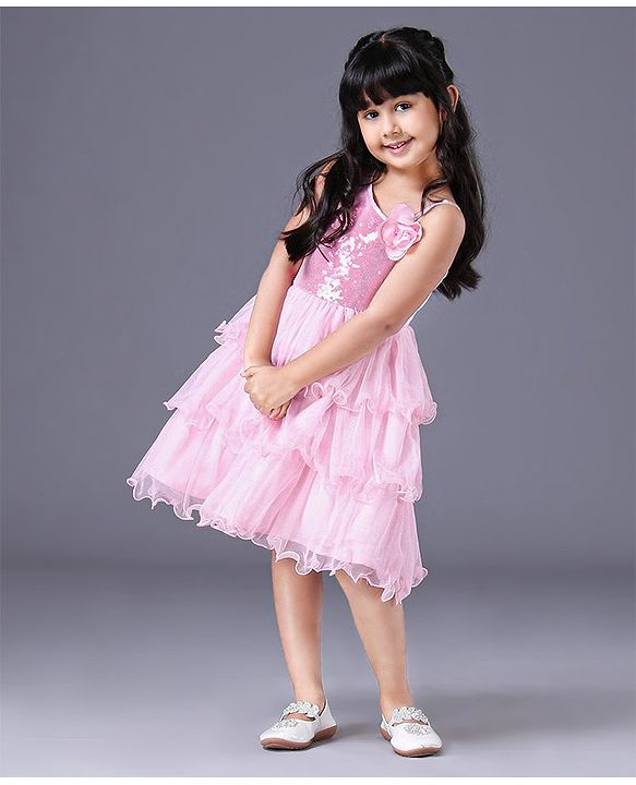 Babyhug Sleeveless Applique Flowers Party Wear Frock - Pink