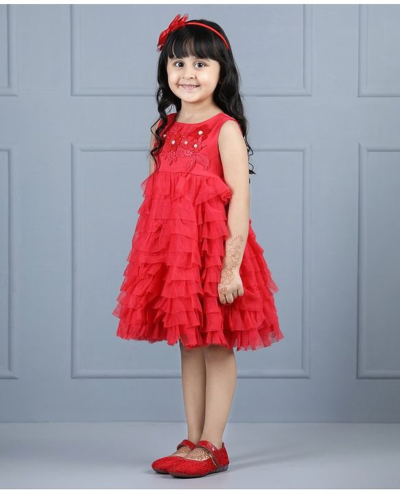 Babyhug Sleeveless Applique Flowers Party Wear Frock - Red