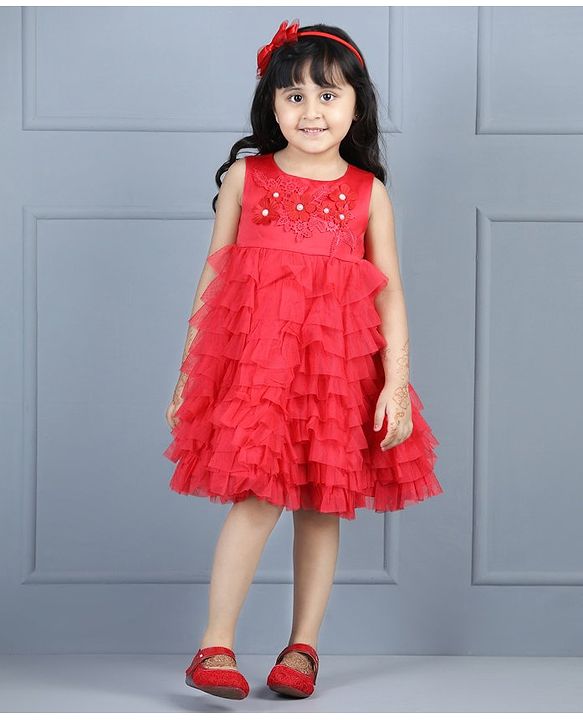 Babyhug Sleeveless Applique Flowers Party Wear Frock - Red