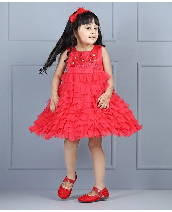 Babyhug Sleeveless Applique Flowers Party Wear Frock - Red