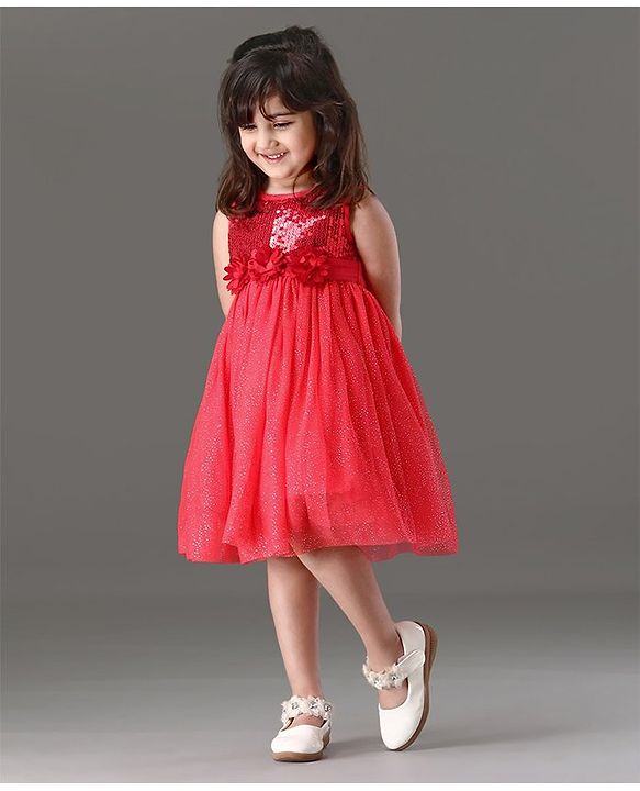 Babyhug Sleeveless Sequin Party Wear Frock - Red