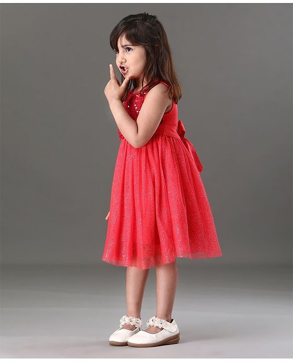 Babyhug Sleeveless Sequin Party Wear Frock - Red