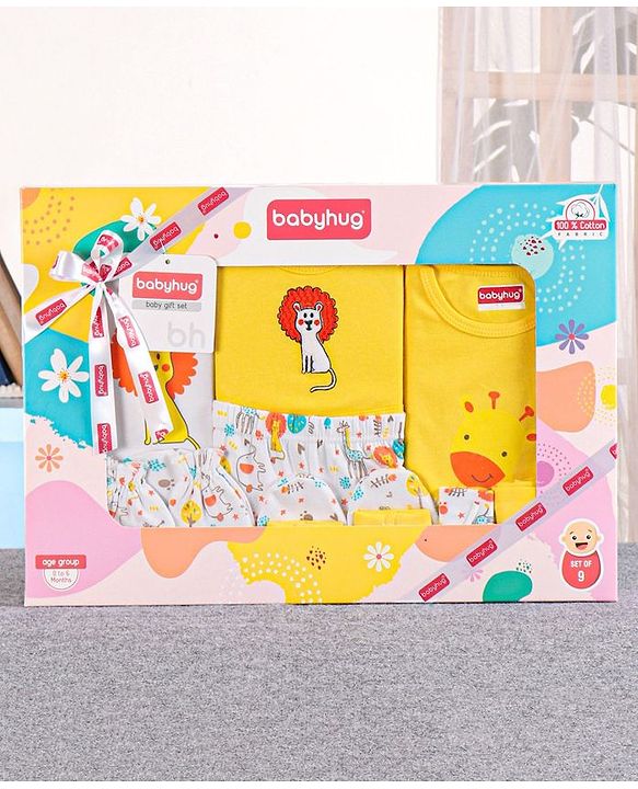 Babyhug 100%Cotton Clothing Gift Set Lion Print Pack of 9 - White Yellow