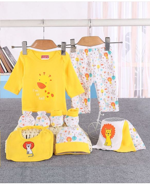 Babyhug 100%Cotton Clothing Gift Set Lion Print Pack of 9 - White Yellow