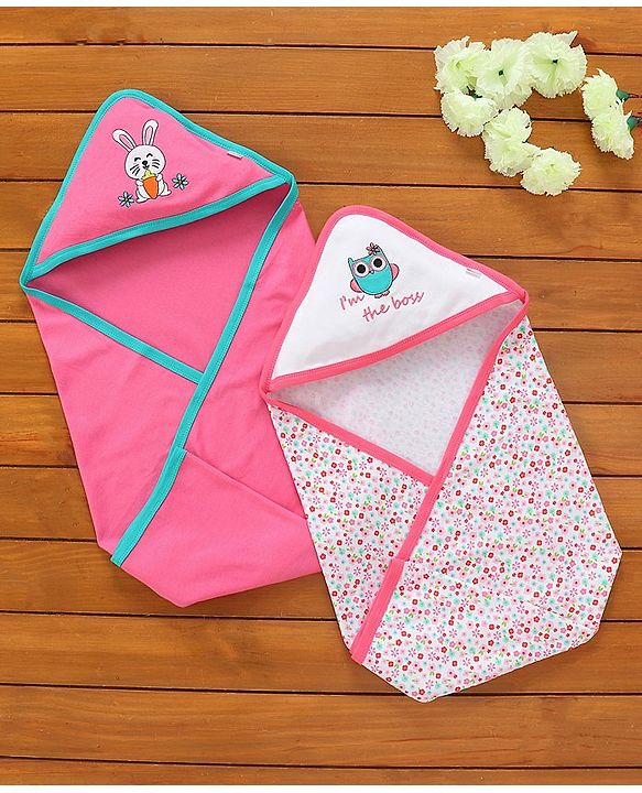 Babyhug Hooded Wrapper Floral Print Pack of 2-Pink And White