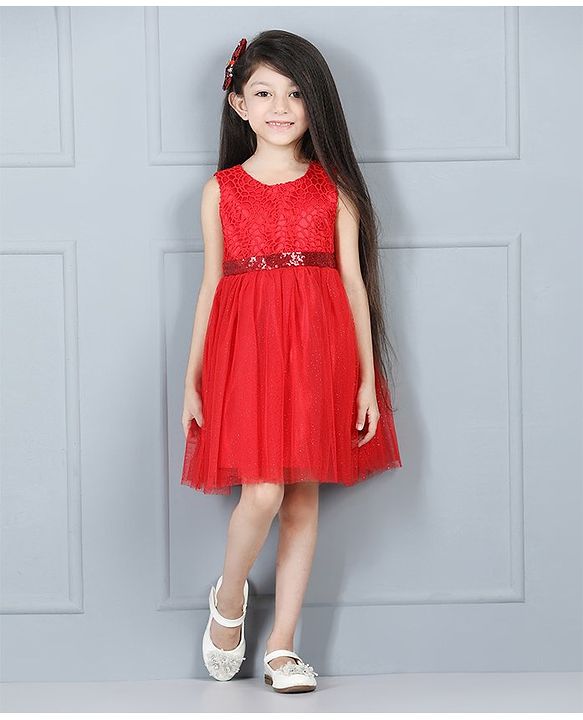 Babyhug Sleeveless Party Frock Sequin Detail - Red
