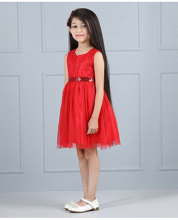 Babyhug Sleeveless Party Frock Sequin Detail - Red