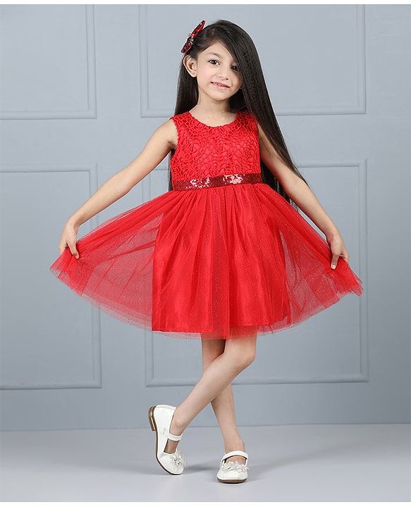 Babyhug Sleeveless Party Frock Sequin Detail - Red