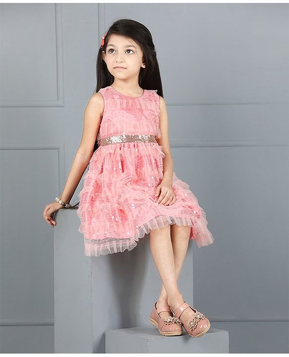 Babyhug Sleeveless Party Frock Ruffle & Sequin Detail - Peach