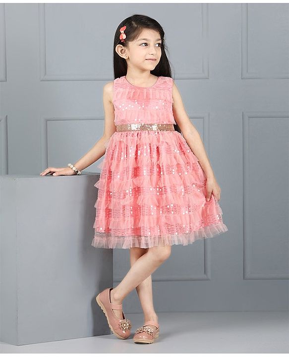 Babyhug Sleeveless Party Frock Ruffle & Sequin Detail - Peach