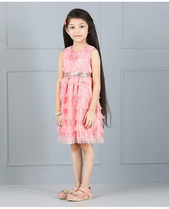 Babyhug Sleeveless Party Frock Ruffle & Sequin Detail - Peach