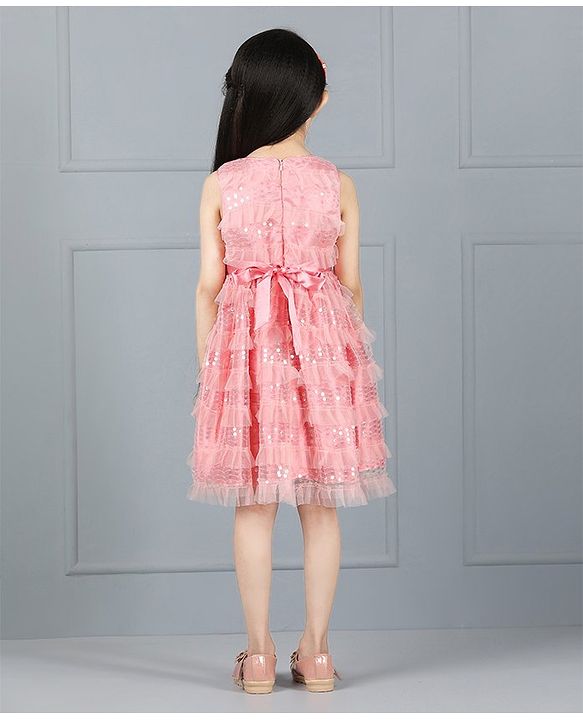 Babyhug Sleeveless Party Frock Ruffle & Sequin Detail - Peach