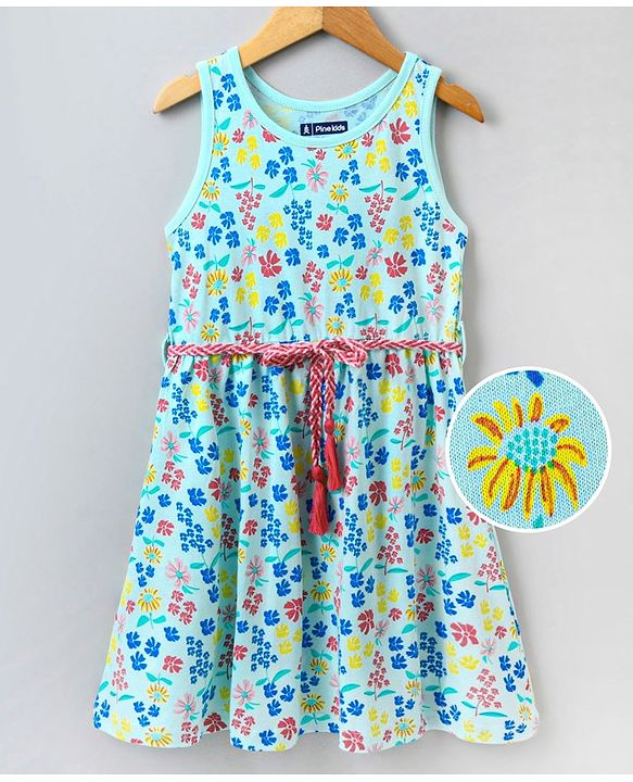 Pine Kids Sleeveless Biowash Frock Floral Print - Sea Green
