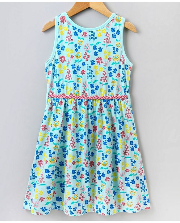 Pine Kids Sleeveless Biowash Frock Floral Print - Sea Green