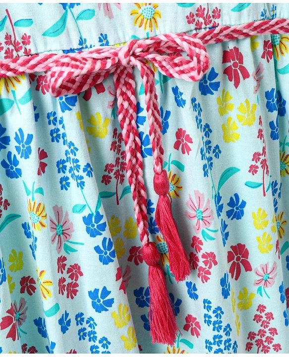 Pine Kids Sleeveless Biowash Frock Floral Print - Sea Green