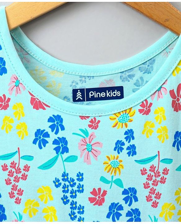 Pine Kids Sleeveless Biowash Frock Floral Print - Sea Green