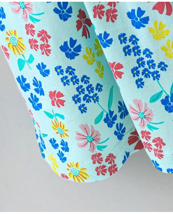 Pine Kids Sleeveless Biowash Frock Floral Print - Sea Green