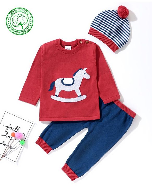 Babyhug Full Sleeves 100% Organic Cotton Sweater Set with Cap Horse Print - Red