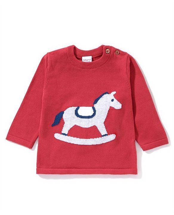 Babyhug Full Sleeves 100% Organic Cotton Sweater Set with Cap Horse Print - Red
