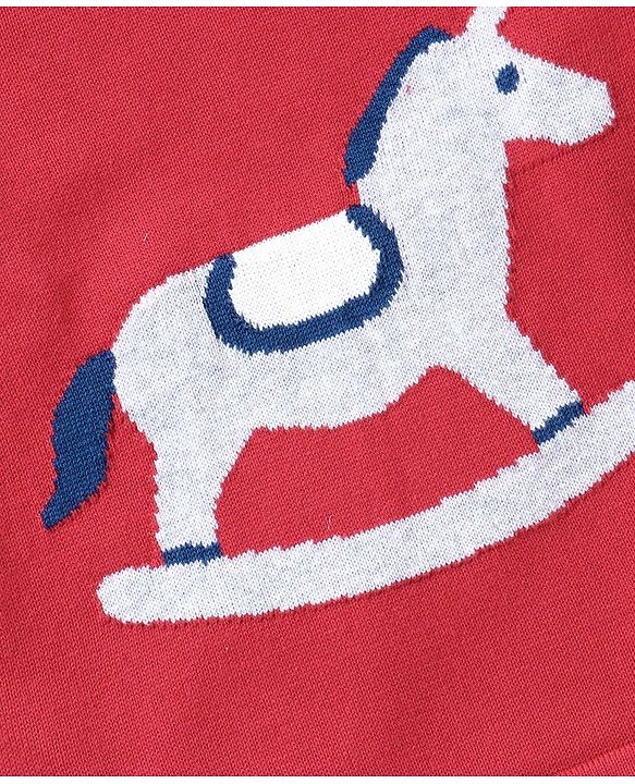 Babyhug Full Sleeves 100% Organic Cotton Sweater Set with Cap Horse Print - Red