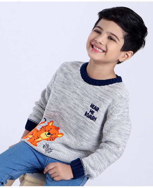 Babyhug Full Sleeves Pull Over Sweater Tiger Embroidery - Grey