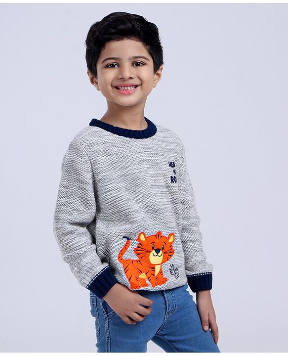 Babyhug Full Sleeves Pull Over Sweater Tiger Embroidery - Grey