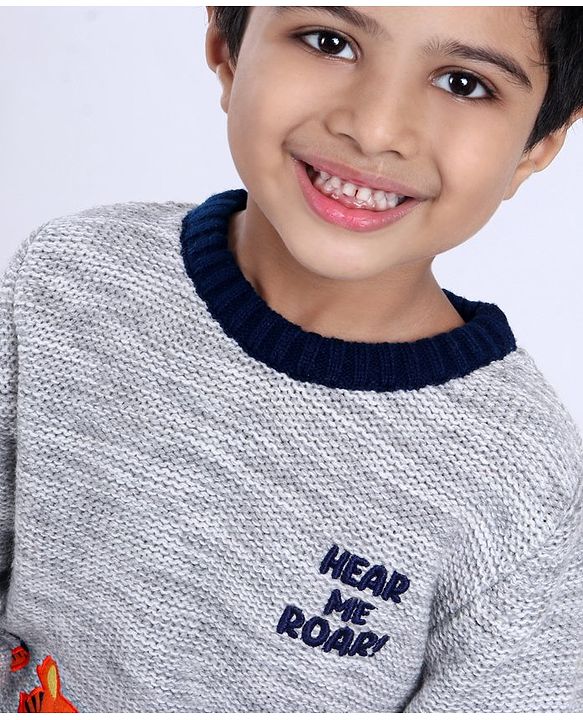 Babyhug Full Sleeves Pull Over Sweater Tiger Embroidery - Grey